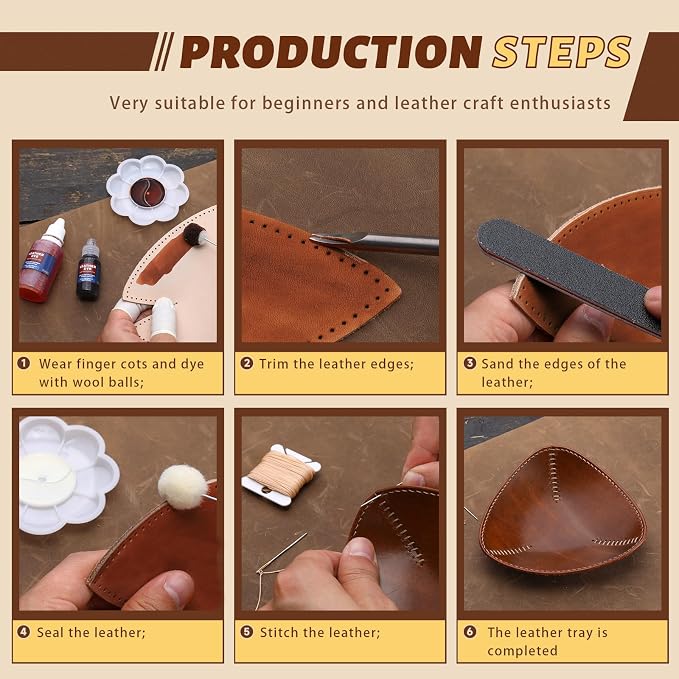 CBHGFEA Leather Tooling Kit Leather Tray Kit (S, M, L) with Vegetable Tanned Edge Beveler Wax Thread and Step-by-Step Video Tutorial for Crafting Desktop Storage Set for Adults