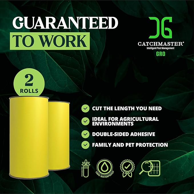 Catchmaster GRO XL Premium Fly Glue Trap Roll 2PK Dual Sided Sticky Fly Roll, Gnat Fruit Fly Trap for Greenhouse, Garden, Farm, Pest Control Gardening Supplies, 328' x 12" Yellow