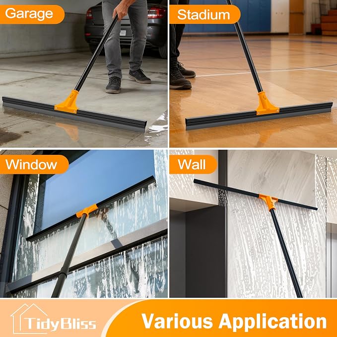 TidyBliss 30” Large Floor Squeegee Broom, Heavy Duty Rubber Foam Water Scraper, Epoxy Wiper Mop with 58.3 inches Long Handle for Cleaning Concrete Pool Rug Garage Deck Shower Window Outdoor (Orange)
