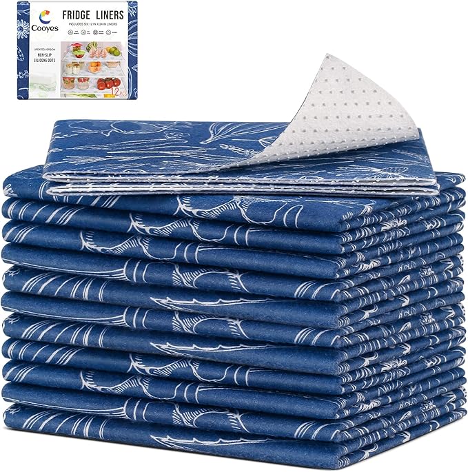 Cooyes Fridge Bin Liners, 12 Pack Refrigerator Liners with Non-Slip Particles, Drawer Mats for Kitchen Cabinets, Breathable Cloth Material, Washable, Keep Produce Fresh Longer