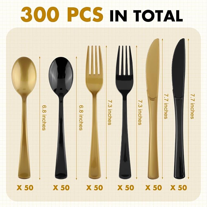 Kochorie 300 Pieces Graduation Black and Gold Plastic Silverware Heavy Duty Plastic Cutlery Set Disposable Flatware Includes Spoons Forks Knives for Party Supplies