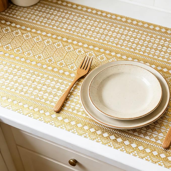 Drawer and Shelf Liner - Gold Geometric Lace Pattern,Non Adhesive Non Slip Waterproof Easy-Clean Shelf Liner for Kitchen Cabinet, Refrigerator, Bathroom, Pantry Storage Drawers, 12 in x 20 Ft