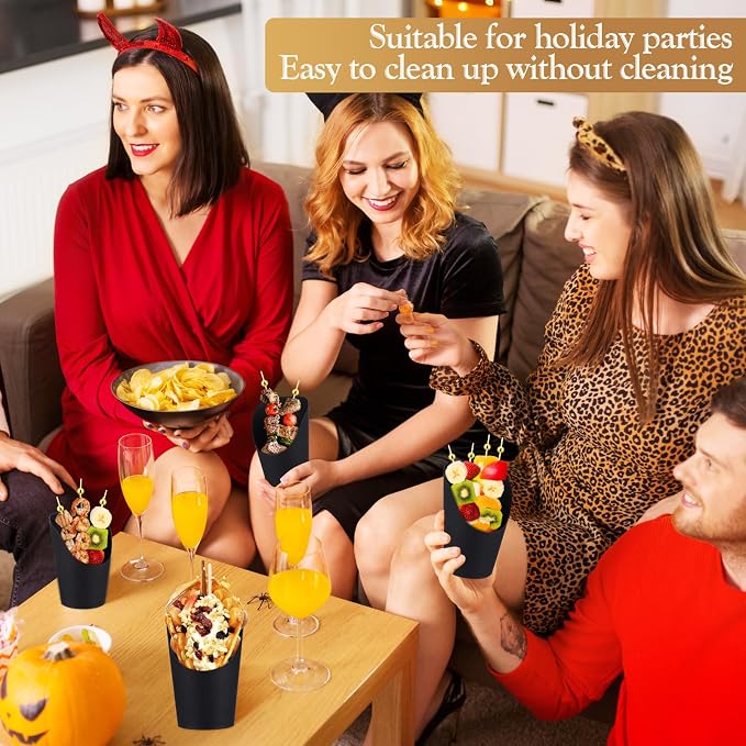 Bokon 100 Set 14 oz Charcuterie Cup with Stick and Bag, Disposable French Fries Snack Popcorn Dessert Fruit Holder for Birthday Wedding Graduation Party Supplies(Black)