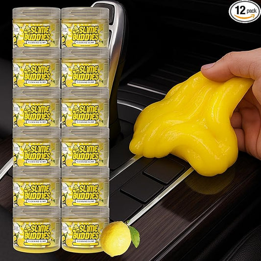 Slime Buddies Car Cleaning Gel Putty - 12 Pack Lemon Scented Interior Detailing Tool for Cup Holder, Air Vent & Keyboard - Reusable Auto Detailing Accessories - Dust Remover Goop - Gifts for Men Women