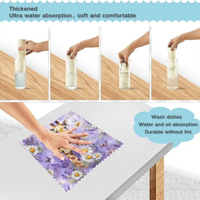 Watercolor Giraffe Daisy Purple Kitchen Towels Dish Cloths Set of 6 Microfiber Cleaning Cloths for Cars Super Absorbent Machine