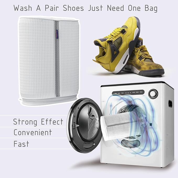 Shoe Washing Machine Bag - Shoe Bag for Washing with Adjustable Shoe Trees, Laundry Shoe Bag for 2 Shoes, Fluffy Fiber, Wrap-around Cleaning in washer and dryer, Durable Zipper, White