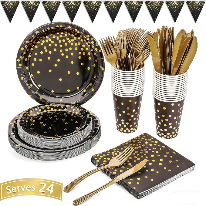 Black and Gold Party Supplies 145PCS Party Dinnerware Decoration Paper Plates, Napkins, Knives, Forks, Cups, Banner, for 2026 New Year Eve, Birthday, Celebrations, Serves 24