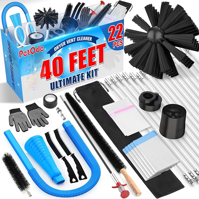 PetOde 22-piece 40-Feet Dryer Vent Cleaner Kit, Dryer Vent Cleaning Kit Lint Remover with Dryer Vent Brush, Vacuum Hose Attachment Cleaning Tools, Flexible Lint Trap Brush, Vacuum & Dryer Adapters