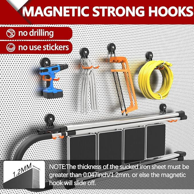 3-H Extra Strong Magnetic Hooks,Heavy Duty Large Anti-Slip Magnet Hooks U Shape,No-Drill Tool Holder for Garage,Power Drill,Garden Tools,Hose Storage,2 Pack Orange