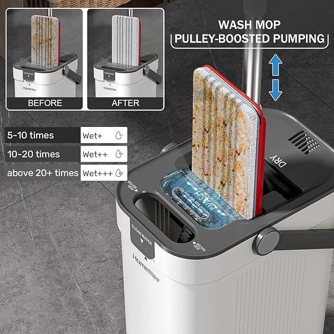 HoMettler Mop and Bucket Set, 3-Tank Flat Mop and Bucket System for Separate Dirty & Clean Water, 65" Mops for Floor Cleaning with 6 Washable Pads, Safe for Hardwood, Vinyl, Tile, Baseboards, Walls