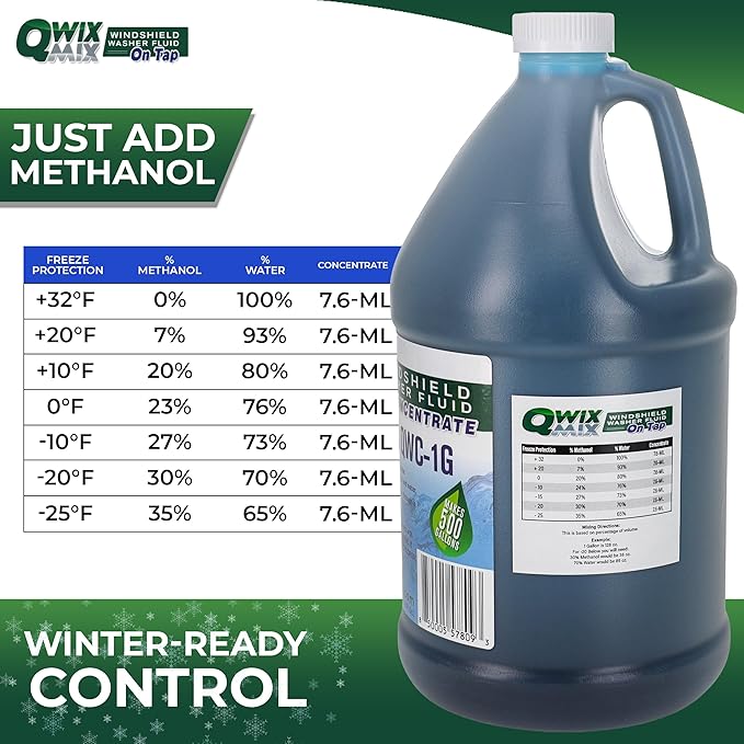Qwix Mix 1-Gallon Windshield Washer Fluid Concentrate, Makes 500 Gallons, Biodegradable Bug, Grime & Dirt Remover Fluid, Commercial-Grade Streak-Free Glass Cleaner for Cars, Trucks & Fleets