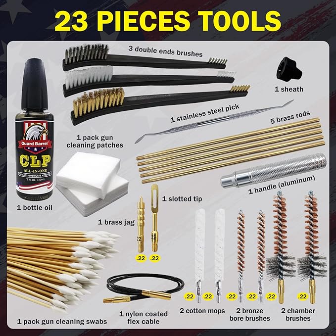 Gun Cleaning Kit for .22 .223Cal .22LR, 5.56 Cleaning kit with 30ml Gun Cleaning Oil, Gun Cleaning Snake, Cleaning Swabs, Bronze Bore Brush and Brass Jag Adapter with Portable Case