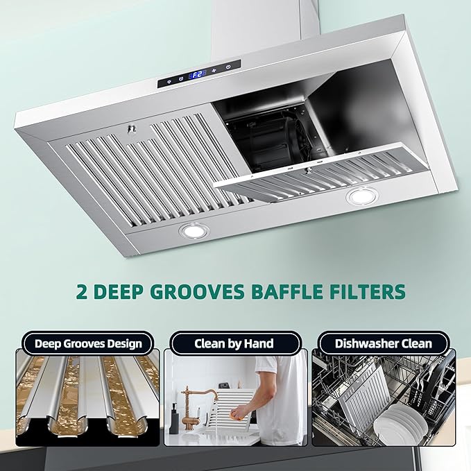 FIREGAS Range Hood 30 inch, Wall Mount Kitchen Hood in Stainless Steel With Ducted/Ductless Convertible, Stove Vent Hood with Permanent Filters, 3 Speed Exhaust Fan, LED Lights, Touch Control