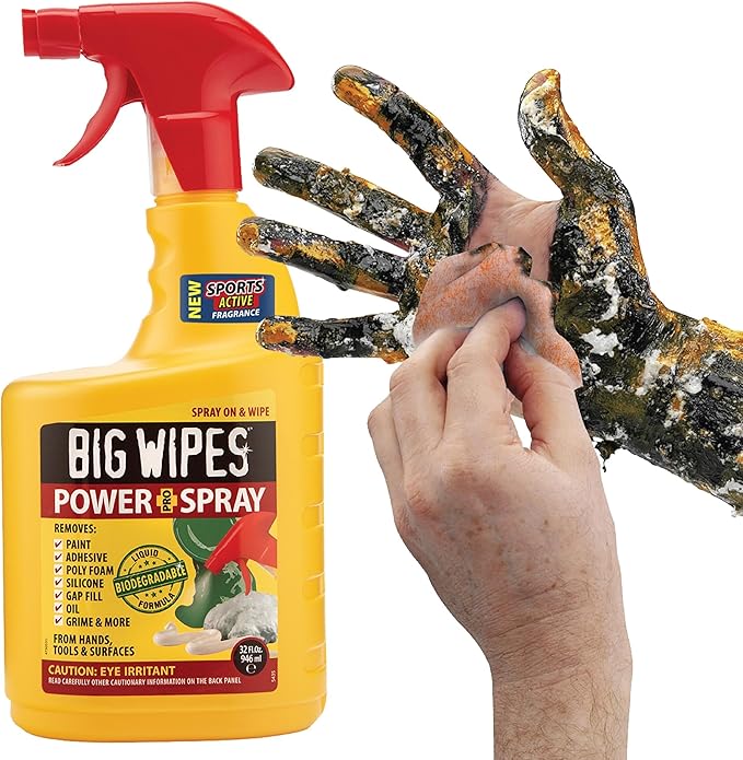 BIG WIPES Power Spray Heavy Duty Cleaning Solution for Tough Grime, Garage, Shop, and Professional Jobsite Use - 32 Ounces (8 Pack)