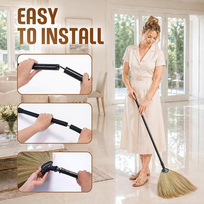 2-Piece Black Wooden Handle Vietnamese Straw Broom, Handmade Asian Grass Broom with Soft Natural Bristles for Indoor Floor, Kitchen, Living Room & Outdoor Sweeping, Household Cleaning