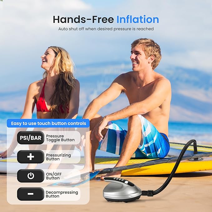 SereneLife Electric Air Pump Compressor – Portable Inflator for SUPs (Stand Up Paddle-Boards) & Pool Inflatables, Digital LCD Display, Adjustable Air Pressure Settings, Car Power Outlet Connection