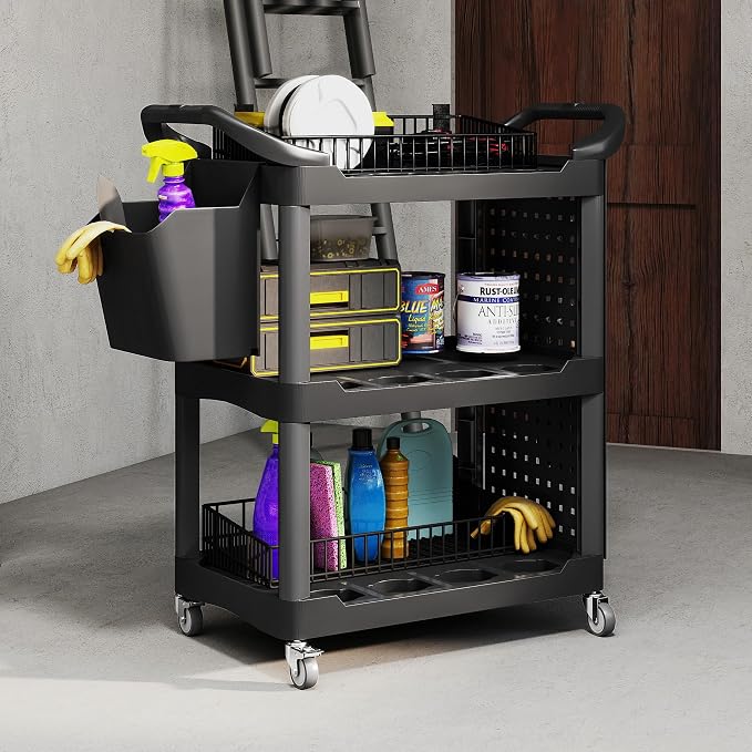 HOMCOM 3 Tier Utility Cart on Wheels, Rolling Tool Storage with Pegboards and Bucket, 200 LBS Load Capacity Plastic Service Cart for Garage, Warehouse, Workshop, Black