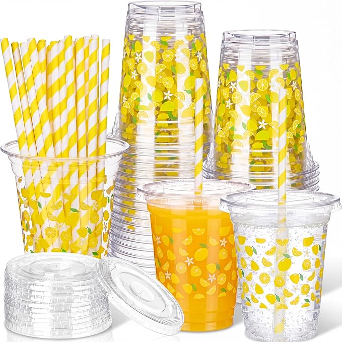 Domensi 25 Sets Lemon Themed Plastic Cups with Lids and Paper Straws 12oz Yellow Lemon Disposable Drinking Cups Bulk for Cold Drinks Baby Shower Wedding Summer Theme Birthday Party Supplies