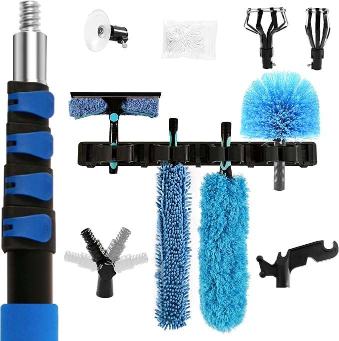 Duster with Extension Pole (20 FT Reach), Light Bulb Changer for High Ceilings & 3-12FT Extension Pole Duster Cleaning Kit, Fan Duster/Cobweb Duster/Window Washing Kit for High Window, Interior Roof