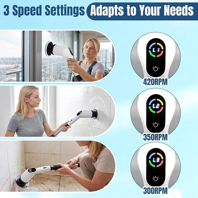 Electric Spin Scrubber 2026 Upgraded Cordless Power Scrubber with 8 Replaceable Brush Heads for Shower,Toilet,Floor&Grout Cleaning,IPX7 Waterproof, 120 Min Battery,3 Speeds,Extendable Long Handle