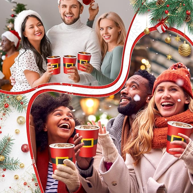 Yaomiao 300 Pcs 9 oz Christmas Paper Cups Santa Claus Belt Design Disposable Christmas Hot Cocoa Coffee Cups Bulk for Hot Cocoa Chocolate Beverage Bar for Daily Use Xmas Holiday Party Supplies