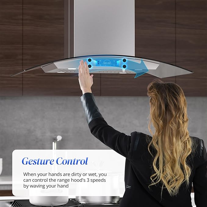 FIREGAS Island Range Hood 36 inch 700 CFM, Island Mount Kitchen Vent Hood with Tempered Glass, 4 LED Lights, 3 Speed Fan,Touch Control,Permanent Filter,Charcoal Filter, Stainless Steel,Ceiling Mount