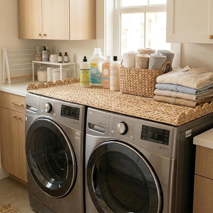 Coeusy Wicker Washer Dryer Countertop, 54" W x 27.5" D Water Hyacinth Woven Washer and Dryer Countertop, Boho Decorative Laundry Topper with Scalloped Edge for Laundry Room Organization (Natural)