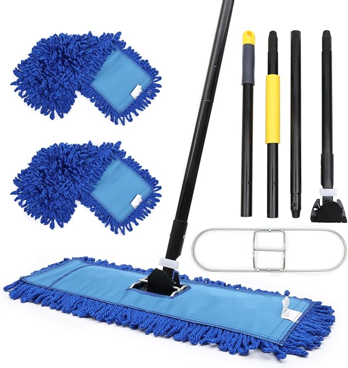 KLEEN HANDLER 18" Microfiber Dust Mop with Frame and 61" Extendable Clip-On Handle (2 Mop Heads, 1 Frame, 1 Handle), Commercial Dust Mop Kit for Floor Cleaning