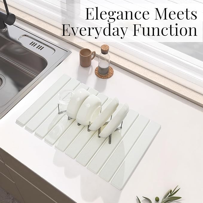 Diatomaceous Stone Dish Drying Mat with Collapsible Steel Rack - Quick Dry Kitchen Counter Set, Space Saving Foldable Dryer