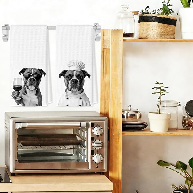 Funny Boxer Kitchen Towels Set of 2, Dog Kitchen Bar Accessories, Dog Chef Gifts for Women Decorative Hand Towels for Kitchen Decor, Boxer Lovers Dish Tea Towel, 16x24 Inch