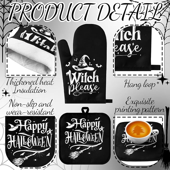 Fanfanwin 10 Pcs Halloween Kitchen Decor Set Witch Kitchen Towels and Rugs Pot Holders Oven Mitts Set for Home Cooking Dish Baking Decorative
