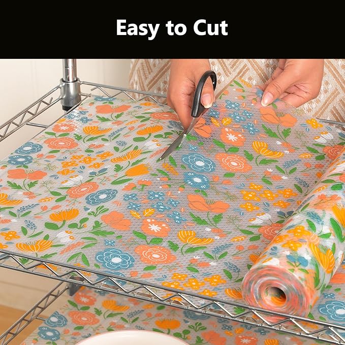 INNOLITES Shelf Liner for Kitchen Cabinets, Non-Adhesive Drawer Liner, Waterproof Washable EVA Floral Pattern, Protect Dresser Cupboard Refrigerator Shelves (Honey Coral Blue, 11.8" x 120")