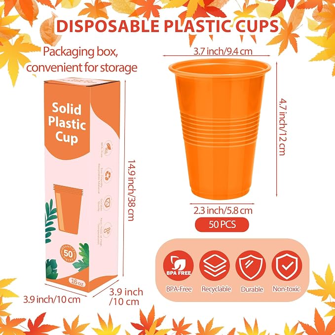 Kochorie 50 Pack Disposable Plastic Cups 16 Oz Solid Color Drinking Cups Party Supplies Strong and Sturdy Drinkware Cup For Birthday, Wedding, Thanksgiving, Fall & Daily Use, Orange