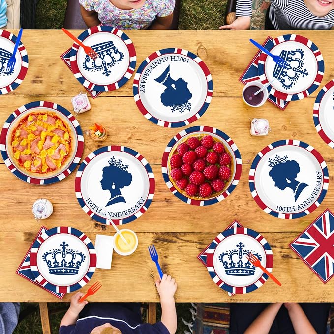 96Pcs Britain Party Decorations Britain UK England Flag Plates and Napkins Sets Union Jack 100th Anniversary Decorations for The Birth of Queen 100th Anniversary Party Supplies Serves 24