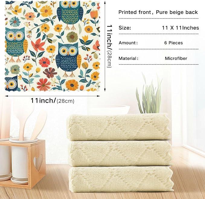 ALAZA Dish Towels Kitchen Cleaning Cloths Cute Owl Flowers Leaves Dish Cloths Absorbent Kitchen Towels Lint Free Bar Tea Soft Towel Kitchen Accessories Set of 6,11"x11"