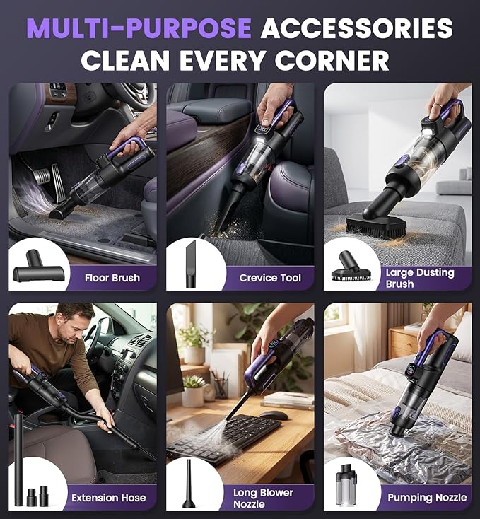 Car Vacuum Portable Cordless, 4-in-1 18000Pa Handheld Vacuum Cordless with LED Light, 120W Brushless Motor, 6000mAh Rechargeable Hand Mini Vacuum with Multi-Nozzles for Car, Home, Office & Pet Hair