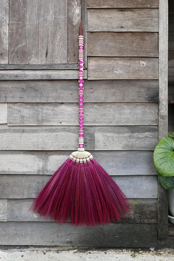 Asian Broom,Natural Grass Thai Broom Vintage Retro Embroidered Woven Nylon, Handmade Broom, Housewarming Gift, Witch Broom,Bamboo Stick Handle, Durable Broom for Indoor & Outdoor 40"