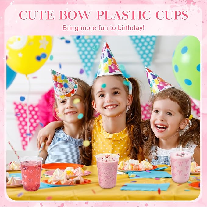 Ziliny 50 Pcs 16oz Pink Wavy Bow Cups Birthday Party Decorations Supplies Disposable Plastic Cups for Bachelorette Party Valentines Galentines Day Christmas Wedding Baby Shower