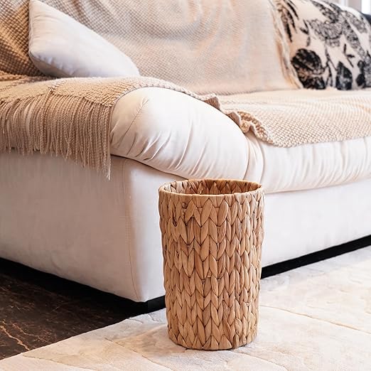 PINXIURY Trash Can, Boho Wicker Waste Basket, Natural Woven Trash Bin, Round Trash Cabinet, Tilt Out Trash Can Cabinet for Bathroom, Office, Bedroom, Water Hyacinth 2 Gallon