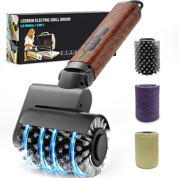 Leebein Electric Grill Brush for Outdoor, 2026 TikTok BBQ Grill Cleaner with 3 Heads, 3-Speed & Angle Adjust Cordless Rotary Grill Brush, 150Mins Runtime Grill Cleaning Brush for Barbecue Grates