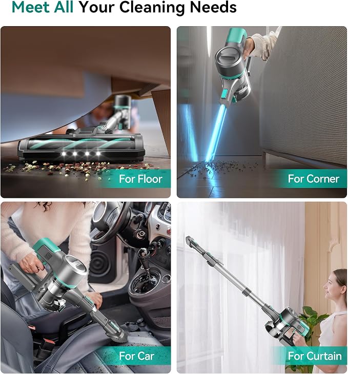 S10K Cordless Vacuum Cleaner, 55Kpa 60mins Lightweight Stick Vacuum with Powerful Suction for Home, Rechargeable, Self-Standing, Handheld Vacuum Cleaners for Hardwood Floors, Carpets, Green