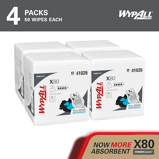 WypAll PowerClean X80 Cloths Heavy Duty Wipes (41026), Quarterfold, Extended Use Towels, White (4 Packs of 50 Sheets, 200 Sheet Total)