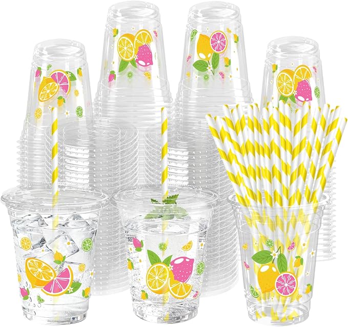 50 Sets Lemons Plastic Cups with Lids Straws 12 oz Yellow Pink Tropical Fruit Disposable Cups Summer Party Favor Drinking Beverage Cup for Baby Shower Birthday Party Supplies