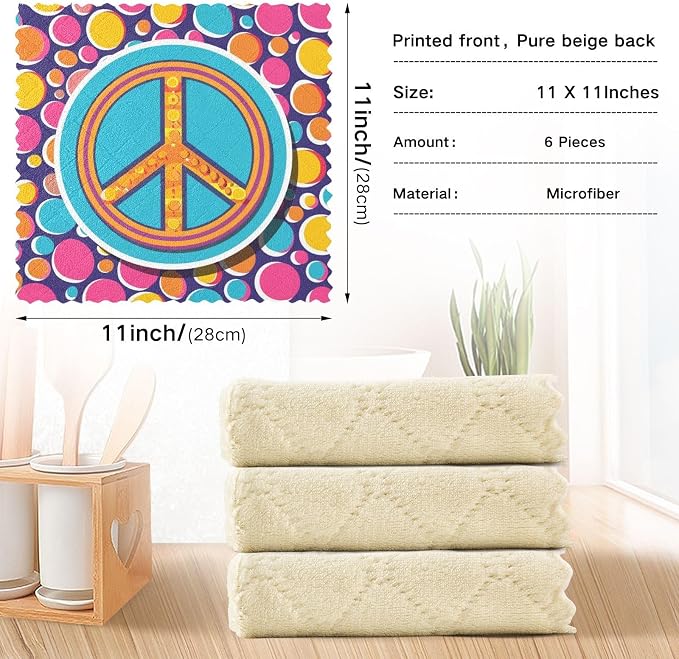 JIPONI 6 Pack Kitchen Dishcloth, Peace Sign Absorbent Kitchen Towels for Dishes, Fast Drying Microfiber Dish Rags, 11x11 inch