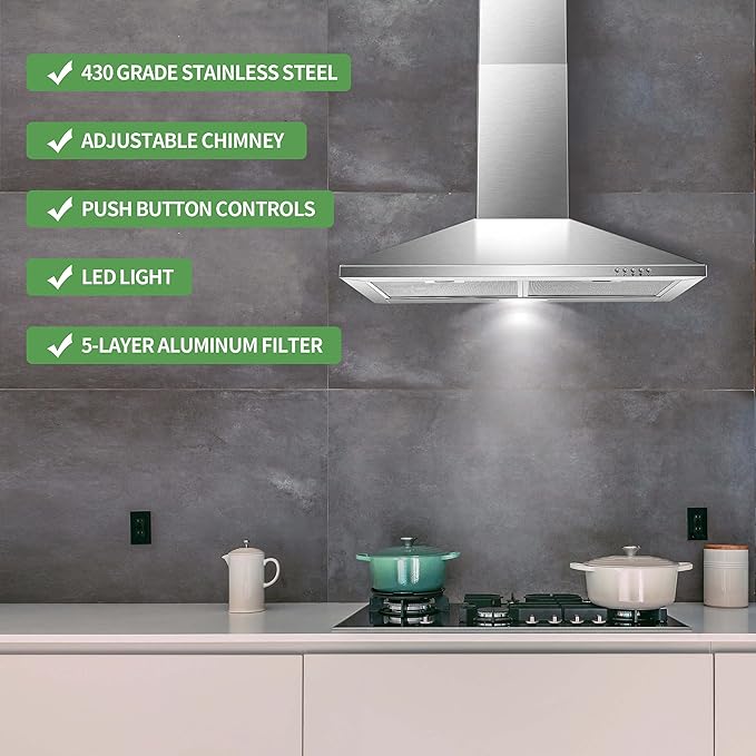 SNDOAS Range Hood 30 inch,Wall Mount Range Hood in Stainless Steel With Ducted/Ductless Convertible,Stove Vent Hood with Aluminum Filters,3 Speed Exhaust Fan,LED Light,Button Control