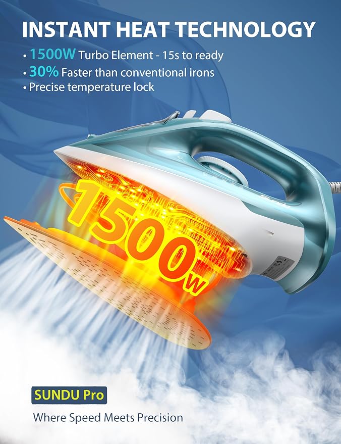 Sundu Steam Iron for Clothes with Rapid Heating Ceramic Coated Soleplate, 1500W with Precise Thermostat Dial, Self-Cleaning, Auto-Off, 44oz Water Tank for Home Clothes Ironing Use Green