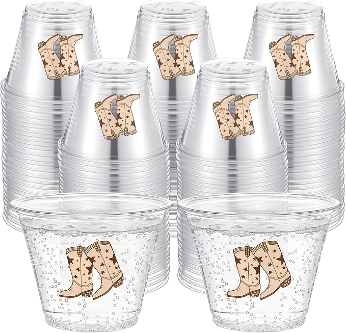 LemonRoad 100 Pack Brown Cowboy Cup 9 oz Western Cowboy Boots Disposable Clear Plastic Cocktail Cups Hot Cold Beverage Drinks for Birthday Baby Shower Western Last Rodeo Party Decorations Party Favors