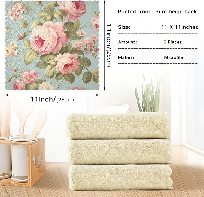 senya Kitchen Dishcloths, Vintage Pink Rose Flower Cloth Dish Towels 6 Pack Super Absorbent Dishtowels Reusable Cleaning Cloths