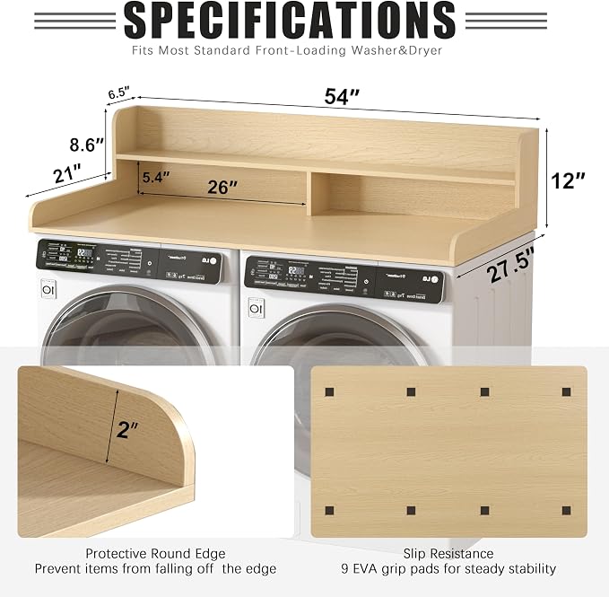 Piskyet Washer Dryer Countertop,2- Tier Laundry Countertop with Edge Rails,27.5" Depth x 54" Wood Countertop,Laundry Machine Topper for Laundry Room Organization and Storage(Natural Wood Color)