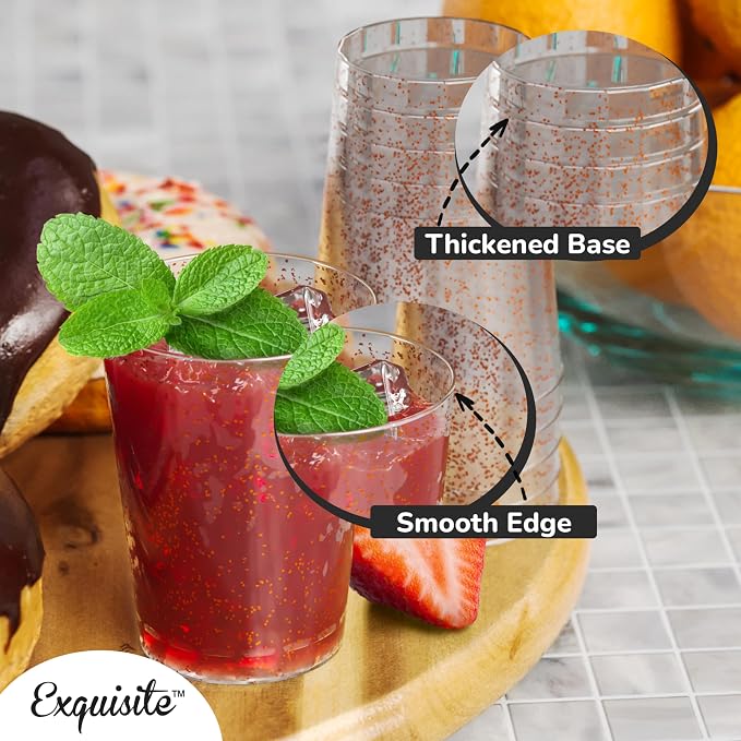 Exquisite Rose Gold Plastic Cups Disposable, Clear Plastic Tumblers 10 Oz. 200 Ct. - Glitter Tumblers, Rose Gold Glitter Cups Disposable For Party, Weddings, Cocktail Glasses & Wine Glasses